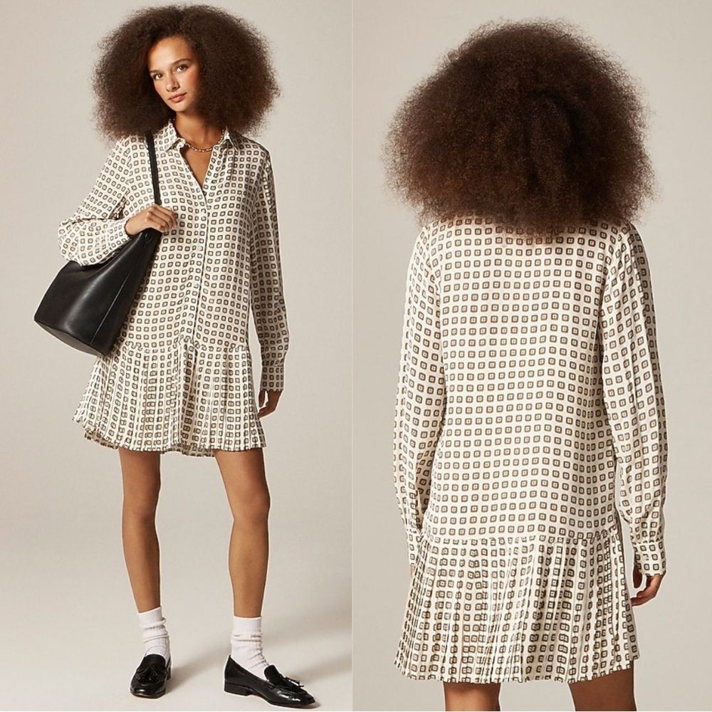 J. Crew New Amelia Elegant Cream Patterned Shirt Dress NWT Size XL Foulard Print